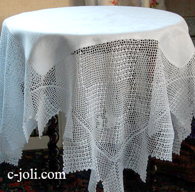 【日本発送】T1052　イギリスアンティークリネンテーブルクロス　クロシェレース＆ダマスク織リネン