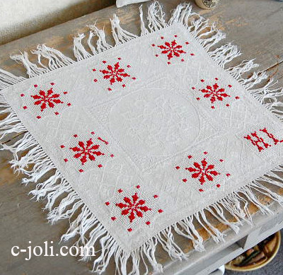 【日本発送】T1074　フランスアンティークリネンテーブルマット　手刺繍クロスステッチリネンクロス