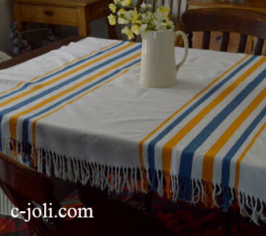 【日本発送】T1242　フランスアンティークリネンテーブルクロス　ブルー＆イエローストライプ柄ハーフリネンクロス