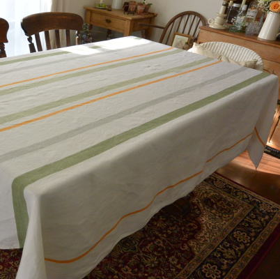 【日本発送】T2196　フランスアンティークリネンテーブルクロス　ストライプリネン 209x160cm