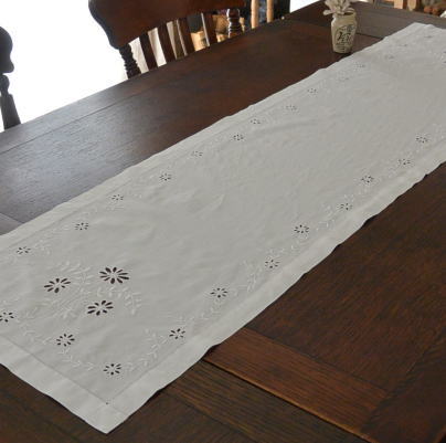 【日本発送】T2273　イギリスアンティークリネンテーブルランナー　カットワーク手刺繍リネン 1m33