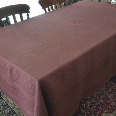 T2512　フランスアンティークリネンテーブルクロス　手刺繍モノグラム＆ダマスク織リネン　パープル 233x172cm