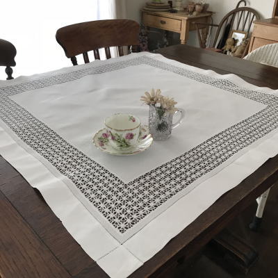 T2730　イギリスアンティークリネンテーブルクロス　ドロンワークリネン 89x89cm