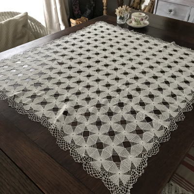 【日本発送】T2802 フランスアンティークレーステーブルクロス　リネンクロシェレース　80x77cm