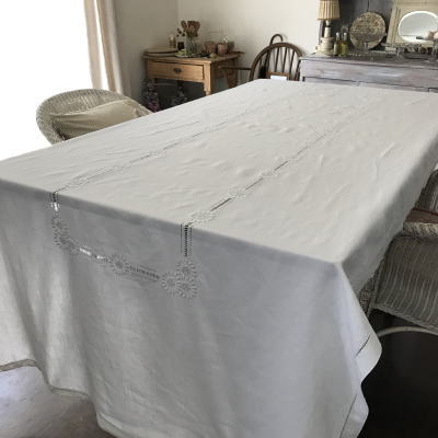 T2814 フランスアンティーク刺繍＆リネン/ロングテーブルクロス　カットワーク手刺繍＆ドロンワークリネン　272x112cm