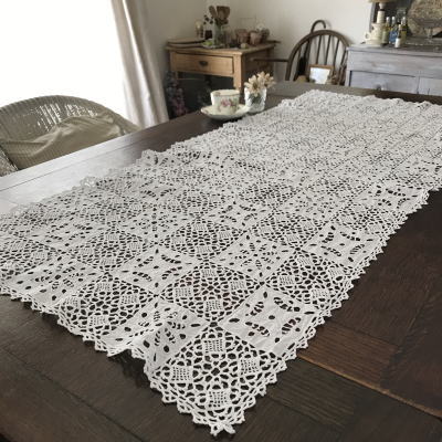 T2821 フランスアンティークリネンテーブルランナー　カットワーク手刺繍リネン＆ニードルポイントレース 1m29