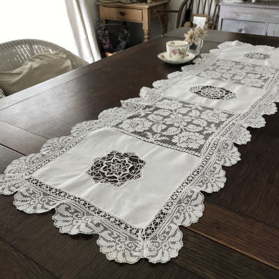 T2824 フランスアンティークリネンテーブルランナー　リネンフィレレース＆ニードルポイントレース＆ボビンレースリネン 1m22