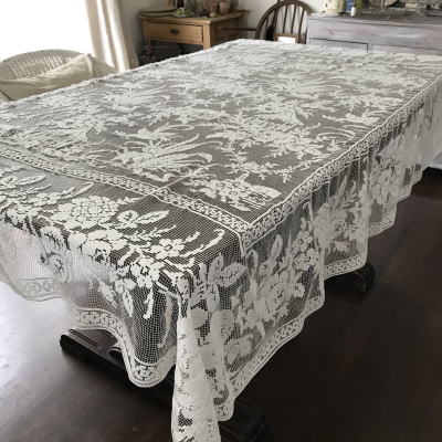 T2835 フランスアンティークレース大判テーブルクロス　ハンドワークリネンフィレレース 192x141cm
