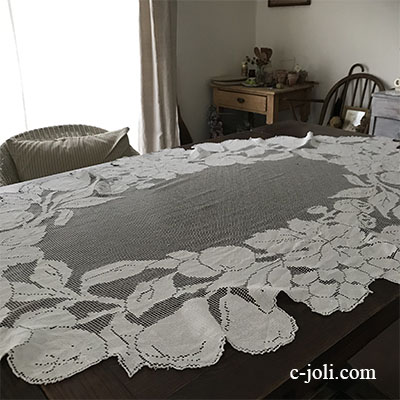 T2868 フランスアンティークテーブルクロス/レースクロス　フィレレーステーブルクロス/テーブルセンター 90x152cm
