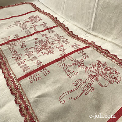 【パリ発送】T2879 ドイツアンティークリネン＆レーステーブルランナー　手刺繍リネン＆ボビンレース 1m56