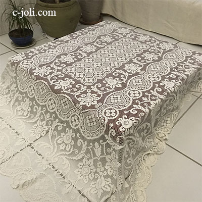 【パリ発送】T2884 フランスアンティークレーステーブルクロス　ハンドワークフィレレースクロス 210x152cm