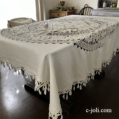 T2901 フランスアンティークリネンテーブルクロス　カットワーク手刺繍リネン＆フィレレース＆ボビンレース 183x154cm