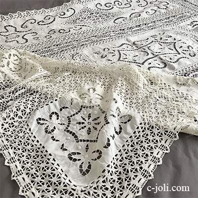 【パリ発送】T2907 フランスアンティークリネンテーブルクロス　カットワーク手刺繍リネン＆ニードルポイントレース＆クロシェレース 227x150cm
