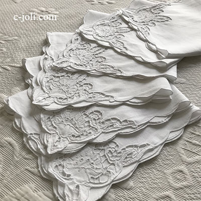 【パリ発送】T2912 フランスアンティークリネンテーブルナプキン/リネンクロス6枚　カットワーク手刺繍リネン 47x46cm