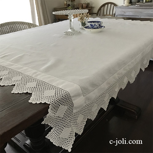 T2961 イギリスアンティークリネン大判テーブルクロス　クロシェレース＆リネンクロス 125x124cm