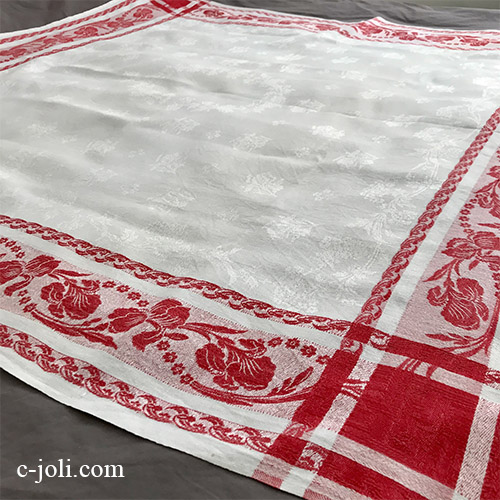 【パリ発送】T2965 フランスアンティークコットン大判テーブルクロス　ダマスク織＆赤縞コットンクロス 130x128cm