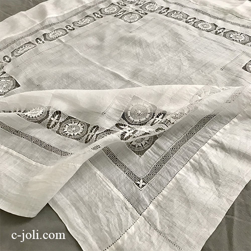 【パリ発送】T2980 フランスアンティークリネンテーブルクロス　ドロンワーク麻ローンクロス 97x100cm