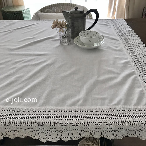 【日本発送】T2997 イギリスアンティークコットンテーブルクロス　コットン＆クロシェレース 108x102cm
