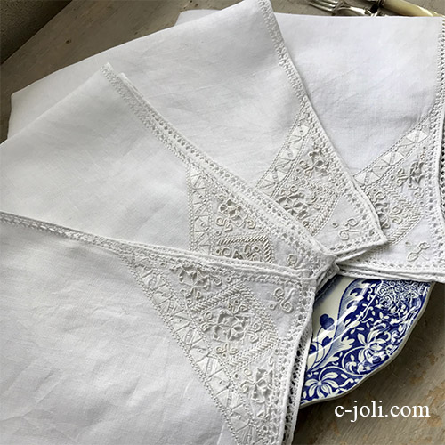 T3023 イギリスアンティークリネンテーブルナプキン/リネンクロス4枚　手刺繍リネン 40x40cm