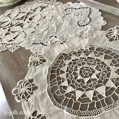 T3047 フランスアンティークレース＆刺繍リネンドイリーセット　カットワーク手刺繍リネン/リネン＆レース 3枚