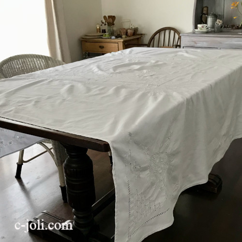 T3048 イギリスアンティークコットン大判テーブルクロス　ドロンワーク＆手刺繍コットンクロス 169x165cm