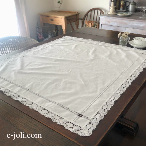 T3105 フランスアンティークコットンテーブルクロス　ドロンワークコットン＆ボビンレース 86x78cm