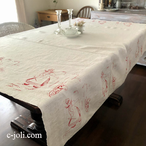 T3113 フランスアンティークリネンテーブルクロス　ハンドワークリネンクロス 152x151cm