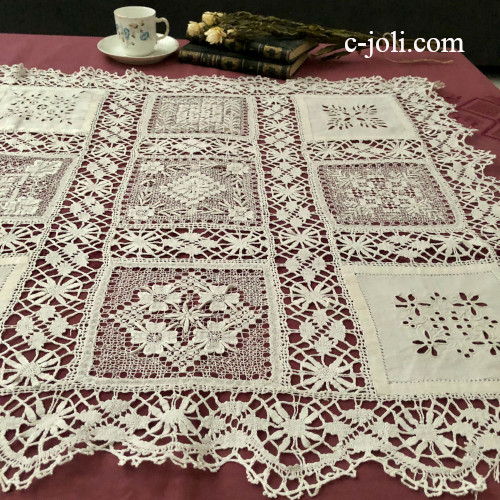 【パリ発送】T3130  フランスアンティークパッチワーク＆レースリネンテーブルクロス　カットワーク手刺繍リネン＆ボビンレース 72x71cm