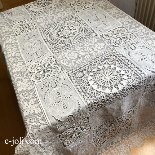 【パリ発送】T3149 フランスアンティークリネン＆レーステーブルランナー　カットワーク手刺繍リネンローン＆ニードルレース 68x174cm