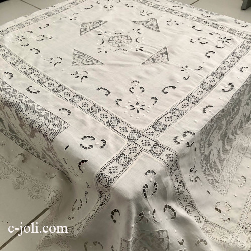 【パリ発送】T3160 フランスアンティークリネン大判テーブルクロス　天使柄カットワーク手刺繍リネン＆フィレレース 162x154cm