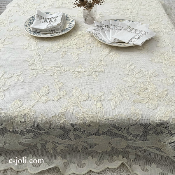 【パリ発送】T3174 フランスアンティークレーステーブルクロス/レースクロス コーネリー刺繍＆コットンネットレース 142x135cm