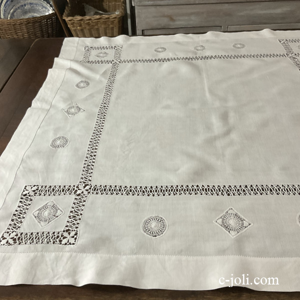 【日本発送】T3187 英国アンティークテーブルクロス イギリスアンティークリネン&ドロンワーク 87x87cm