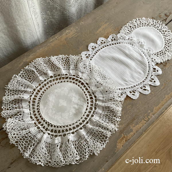 【日本発送】T3198 英国アンティークレース&コットン/リネンドイリー3枚 リネン/コットン&クロシェレース