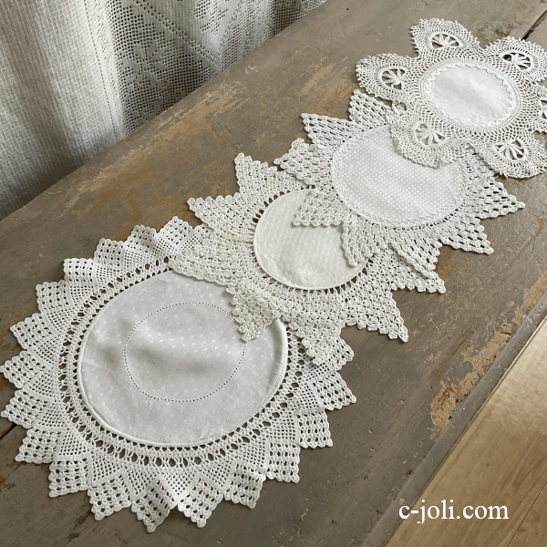 【日本発送】T3201 アンティークレース＆リネンドイリー4枚　ダマスク織リネン＆クロシェレース/リネン＆クロシェレース