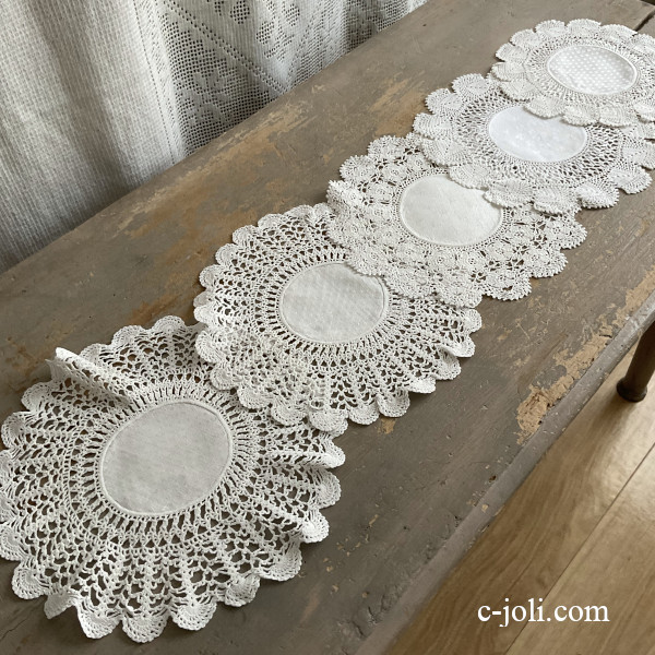 【日本発送】T3202 アンティークレース＆リネンドイリー5枚　ダマスク織リネン＆クロシェレース