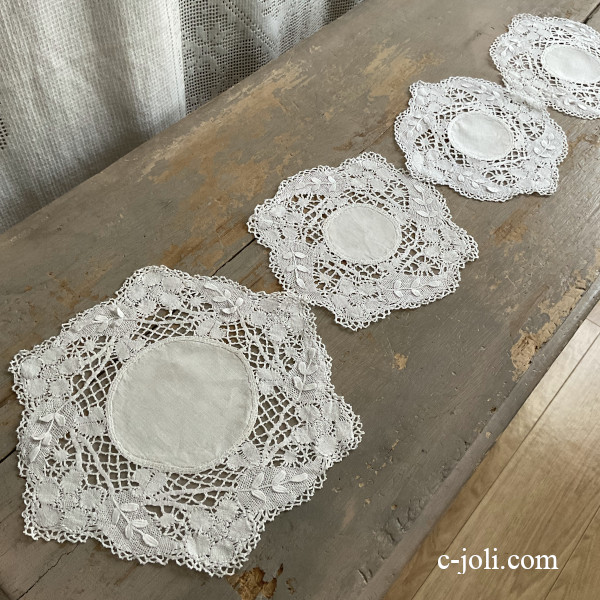 【日本発送】T3203 アンティークレース＆リネンドイリー4枚　/リネン＆マシーンレース