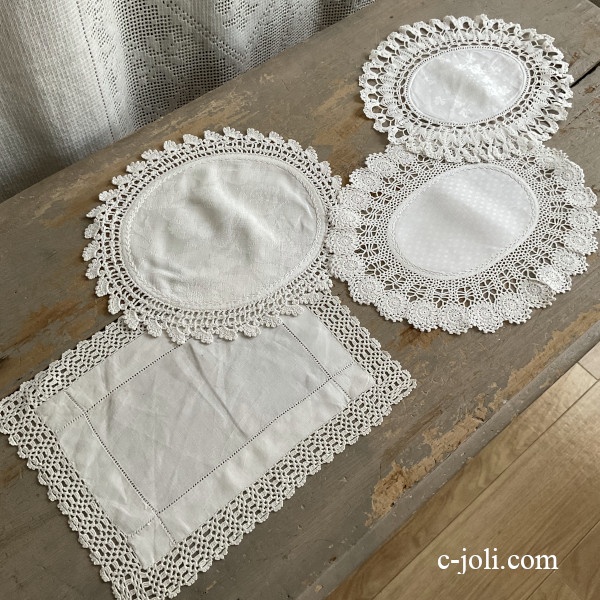 【日本発送】T3204 アンティークレース&コットン/リネンドイリー4枚 リネン&クロシェレース/コットン&クロシェレース