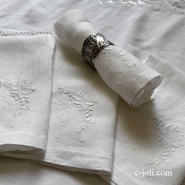 【パリ発送】T3206  フランスアンティークリネンテーブルナプキン/リネンクロス4枚　手刺繍＆ドロンワーク麻ローン 44x44cm