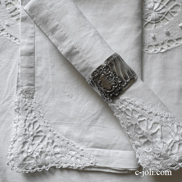 【パリ発送】T3207  フランスアンティークリネンテーブルナプキン/リネンクロス2枚　リネン＆ボビンレース 51x47cm