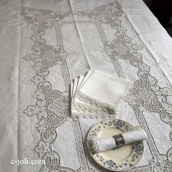 【希少】T3213  フランスアンティークリネン大判テーブルクロス＆テーブルナプキン6枚　手刺繍リネン＆ニードルレース 172x260cm｜パリ発送