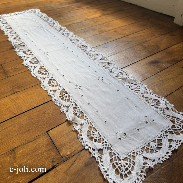 【パリ発送】T3216フランスアンティークリネンテーブルランナー　カットワーク手刺繍リネン＆ドロンワーク 1m14