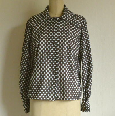 【日本発送】V-009　イギリスアンティークヴィンテージブラウス　ドット柄ブラウン