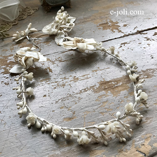 W-007 フランスアンティークマリアージュ/ウェディングセット　ワックスフラワー花冠と新郎新婦のコサージュ