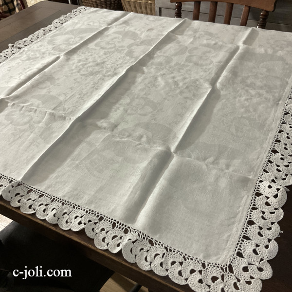 【日本発送】T-383　イギリスアンティークテーブルクロス　ダマスク織リネン＆コットンクロシェレース