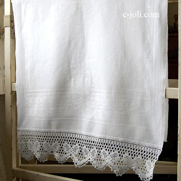 【日本発送】T-391　イギリスアンティークリネンタオル　ダマスク織リネン＆クロシェレース