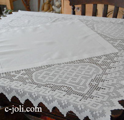 【日本発送】T-905　英国アンティークリネン　クロシェレースリネンテーブルクロス