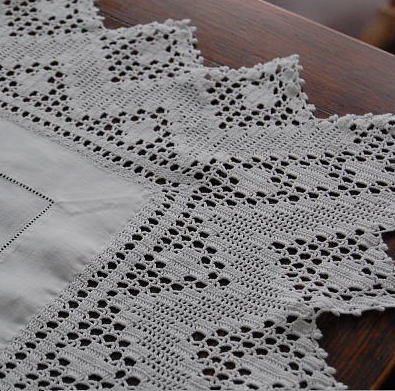 【日本発送】T-933　英国アンティークリネンテーブルクロス　リネン＆クロシェレース