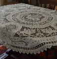 T1647　フランスアンティークリネンテーブルクロス　カットワーク手刺繍リネン＆レース 直径143cm