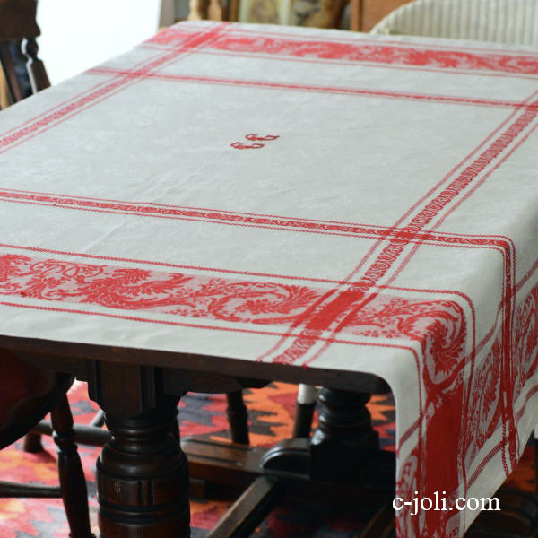 【日本発送】T1962　フランスアンティークリネンテーブルクロス　大判手刺繍モノグラム＆ダマスク織リネンクロス 152x152cm