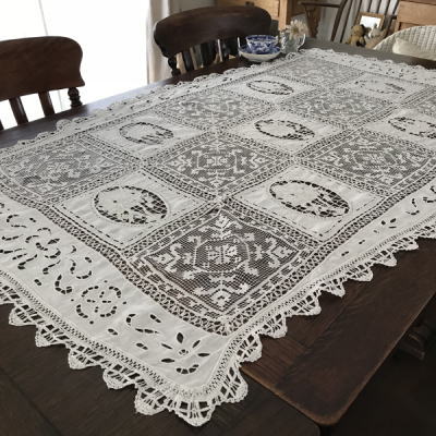 T2671 フランスアンティークリネンテーブルランナー　カットワーク手刺繍リネン＆フィレレース＆ボビンレース 1m32